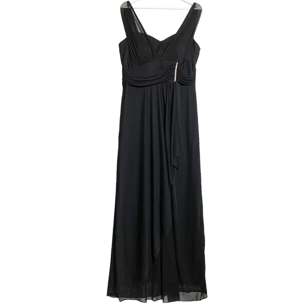 NWT Betsy & Adam solid black formal gown rhinestone detail sheer gathered 14W